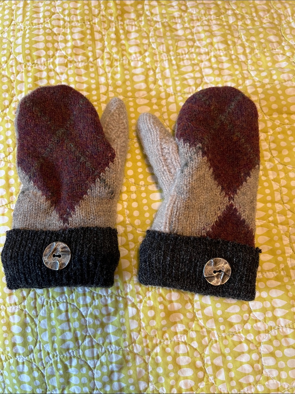Wool Blend Argyle Mittens with Button Cuff - Brown & Gray